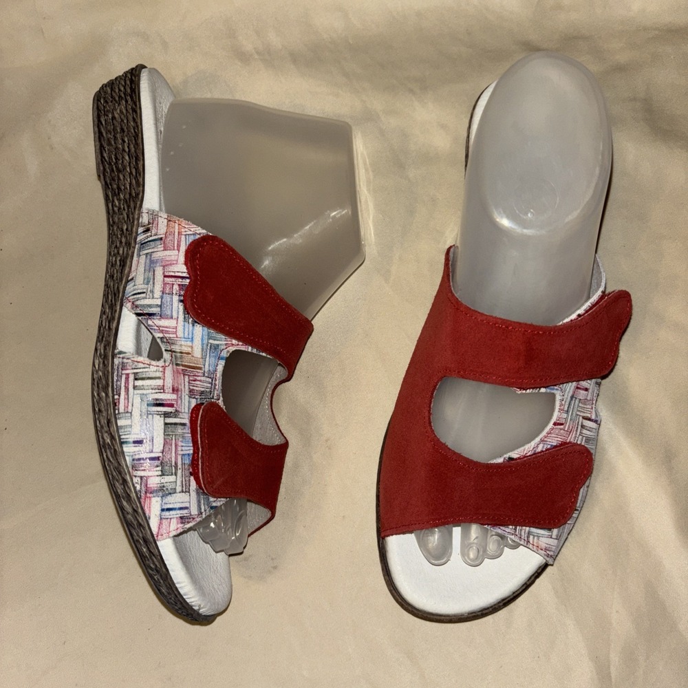WORISHOFER Germany Sandals 41 Red Multicolor Hatch Print Natur-form Wedge Shoes